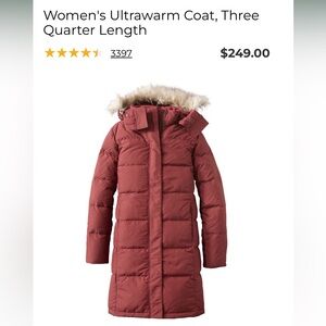 LL Bean Ultrawarm Coat, 3/4 length, NWT, size S, color Rosewood
